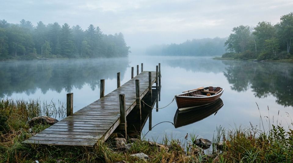 A weathered wooden dock reaching into a still, misty river with a small wooden boat tied alongside.
