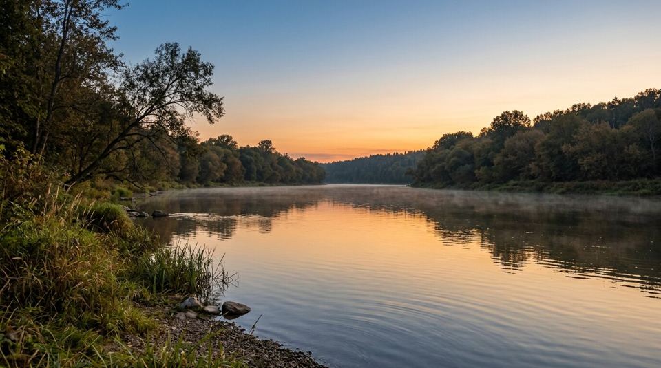 A wide, calm river at golden hour with mist drifting over the water between tree-lined banks.