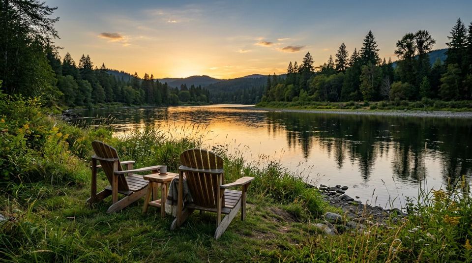 Two empty wooden Adirondack chairs on a grassy riverbank facing the water at sunset.