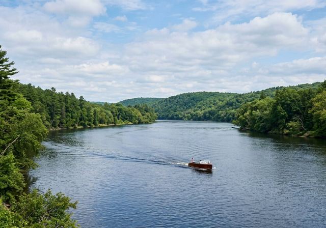 A small classic wooden boat cruising down a broad river between forested green hills.