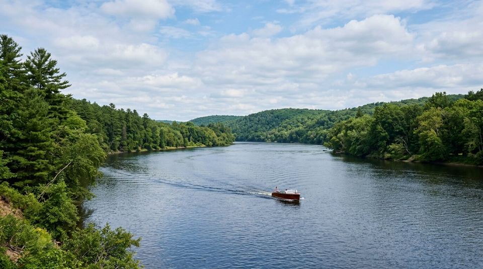 A small classic wooden boat cruising down a broad river between forested green hills.