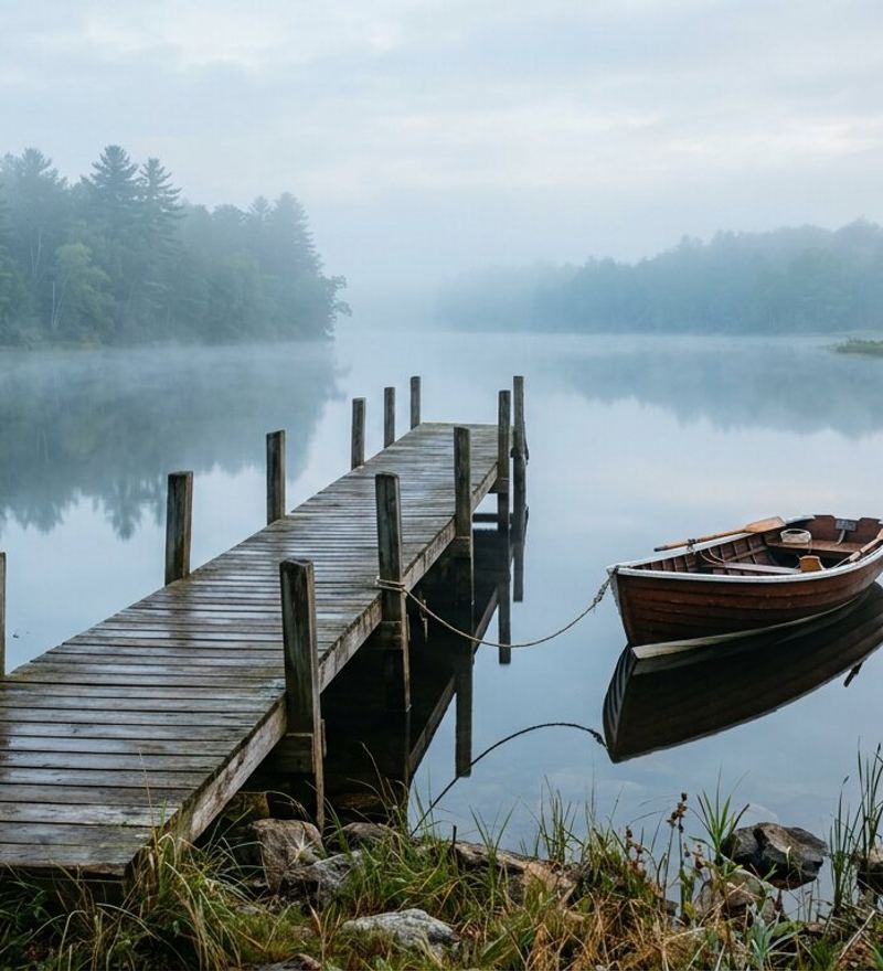 A weathered wooden dock reaching into a still, misty river with a small wooden boat tied alongside.