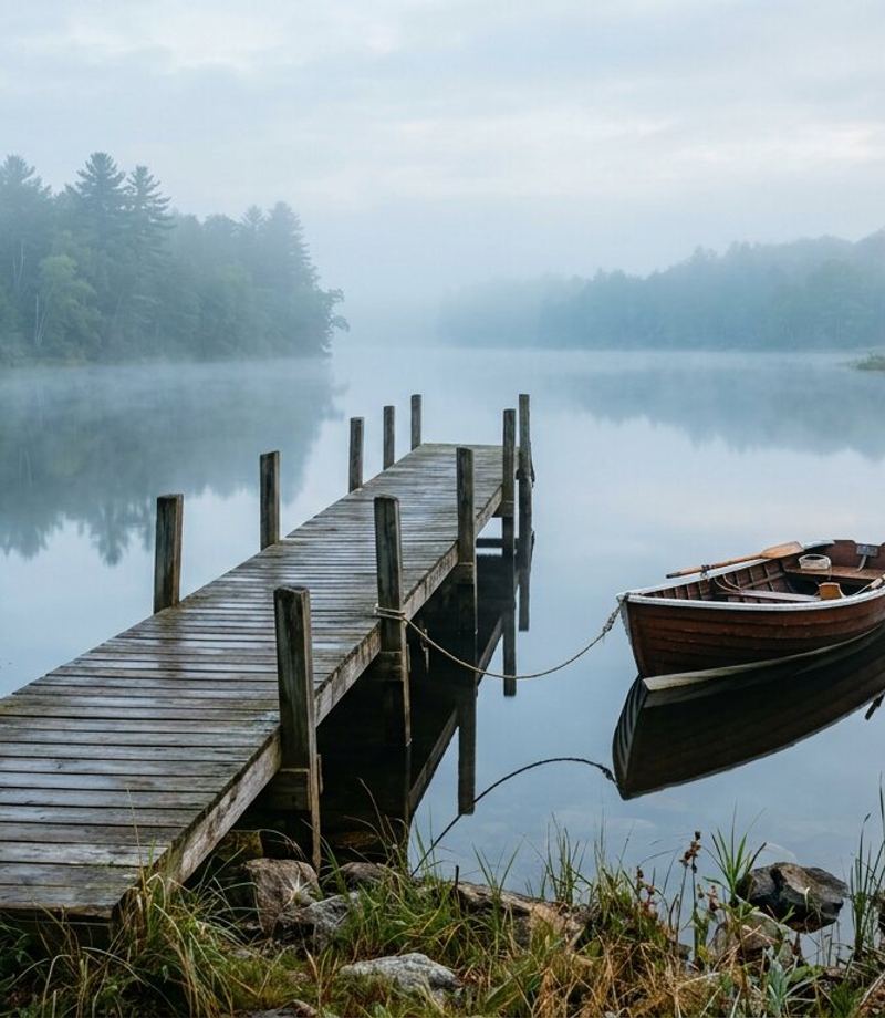 A weathered wooden dock reaching into a still, misty river with a small wooden boat tied alongside.