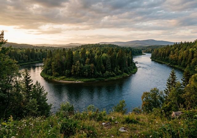 A river curving around a wooded island, seen from a hillside in late-afternoon light.