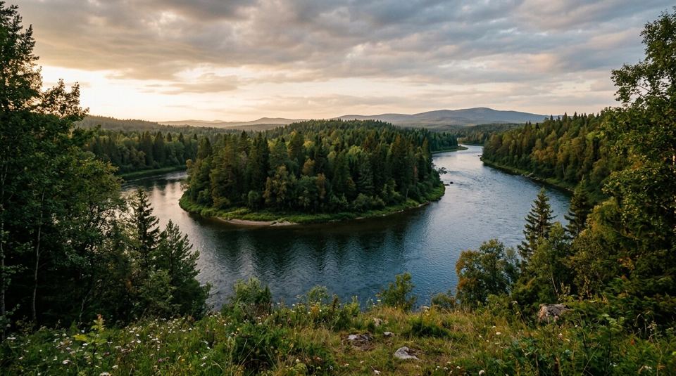 A river curving around a wooded island, seen from a hillside in late-afternoon light.