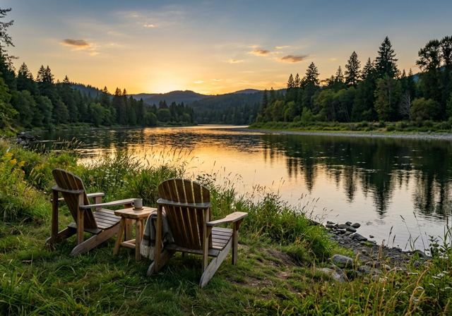 Two empty wooden Adirondack chairs on a grassy riverbank facing the water at sunset.