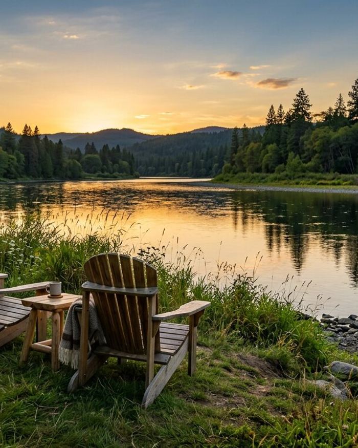 Two empty wooden Adirondack chairs on a grassy riverbank facing the water at sunset.
